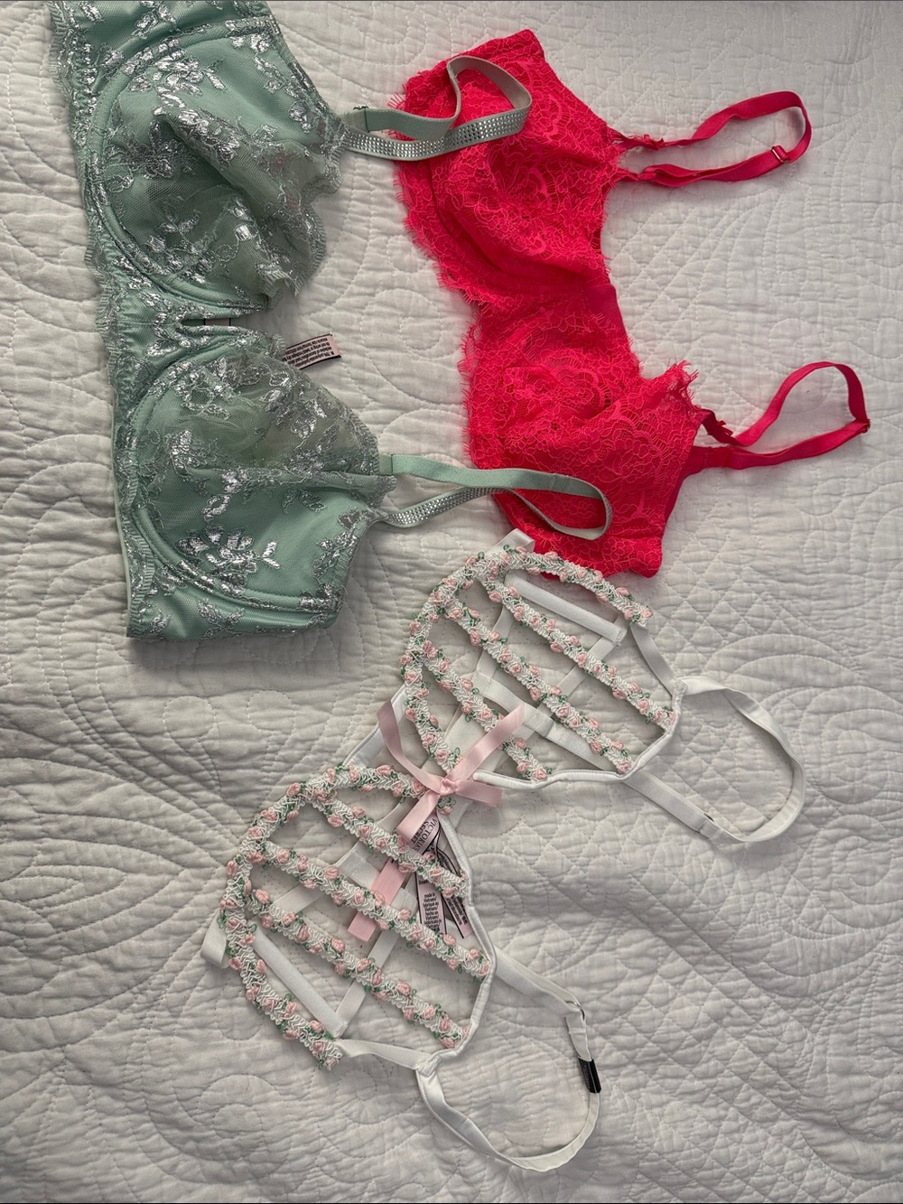 Victoria's Secret Lace Bralette Trio - Mint, Hot Pink & White Floral